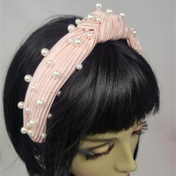 Blush Pearl Knot Pleated Silk Headband Crown Headpiece - Picture 7 of 9